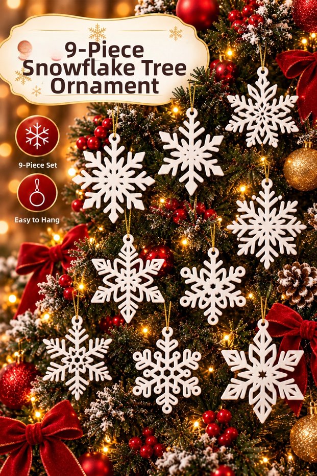 Set of 9 Snowflake Christmas Tree Ornaments White Decorative Hanging Ornaments