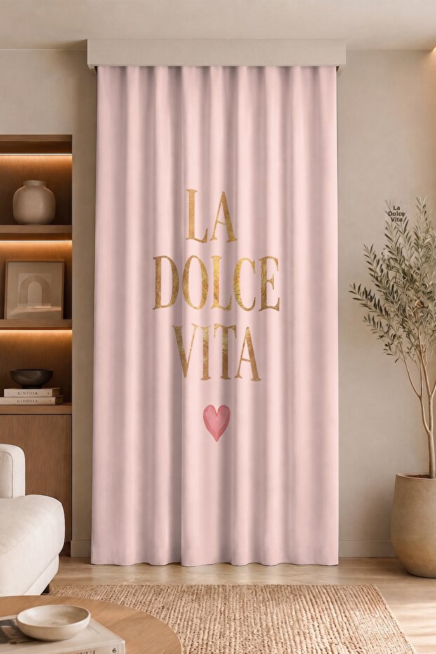 La Dolce Vita Written Heart Motif Digital Printed Single Wing Background Curtain (with Throw Pillow Cover as a Gift)