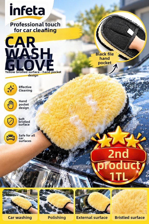 Yellow Furry Car Wash Glove with Hand Pocket Oval Auto Washing and Cleaning Glove