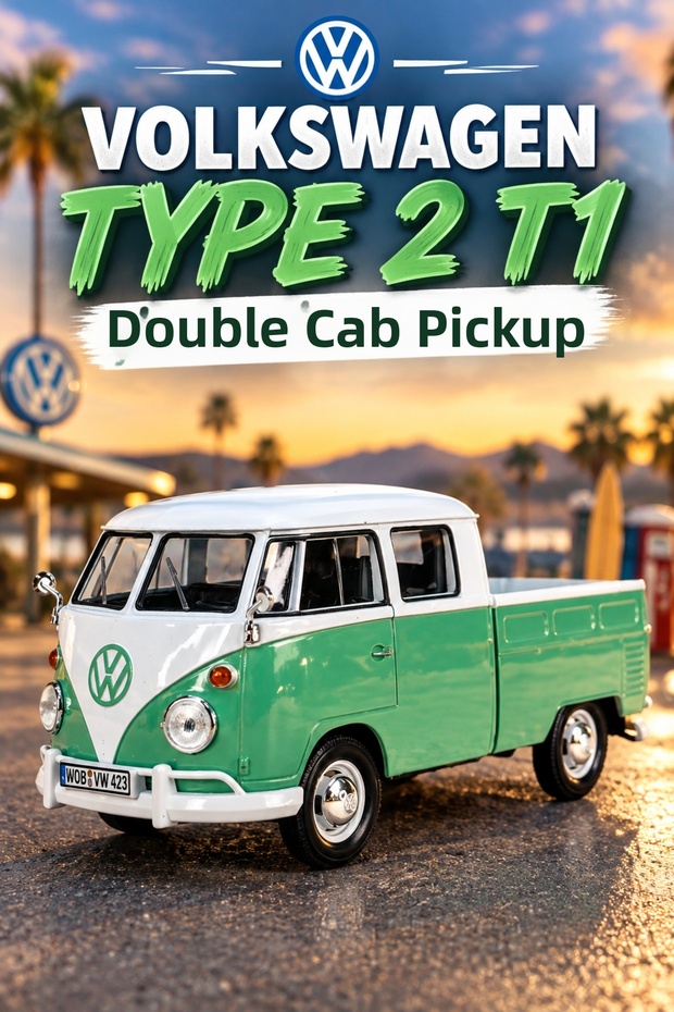 Volkswagen Type 2 T1 Double Cab Pickup Truck 1/24 Diecast Metal Model Car