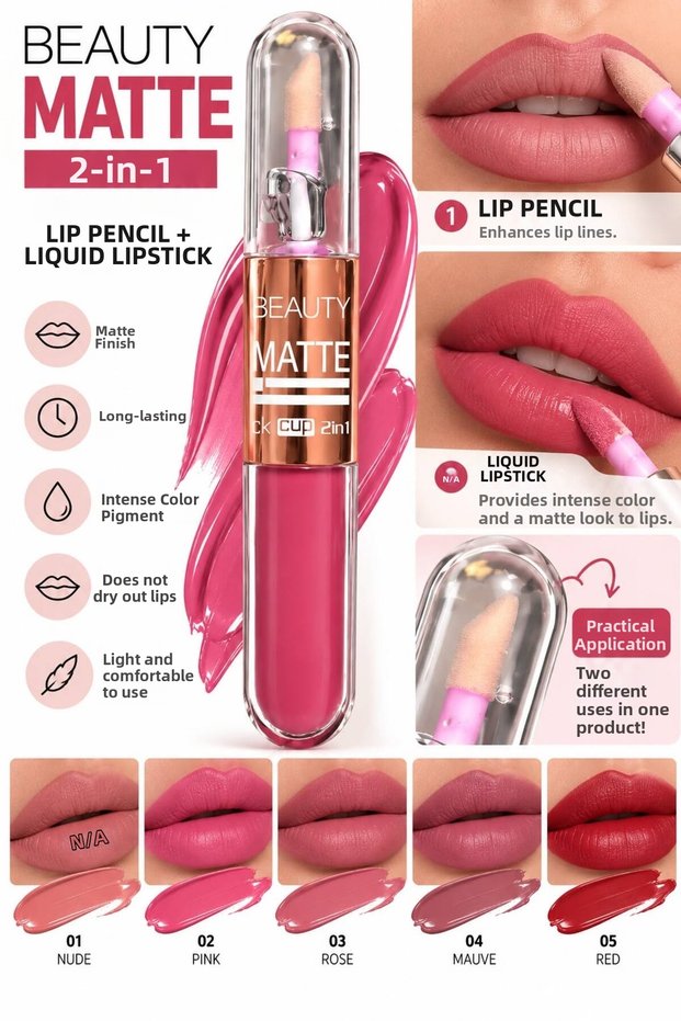 💄 Beauty Matte 2-in-1 Lip Pencil + Liquid Lipstick