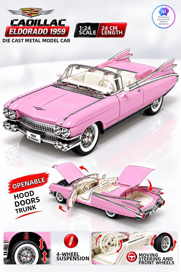 Die Cast Cadillac Eldorado 1959 Metal Model Car 24cm – 1:24 Scale, with Stand, Opening Hood, Opening Doors and Trunk, Shock Absorbers and Movable Steering Wheel