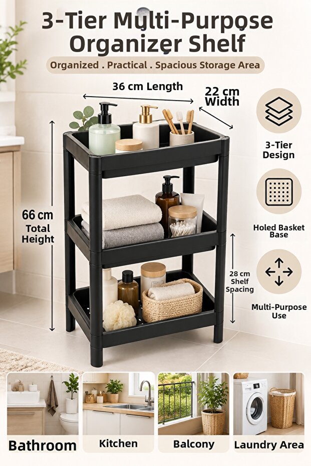 3-Tier Multi-Purpose Organizer Shelf – Bathroom, Kitchen, and Balcony Organizer