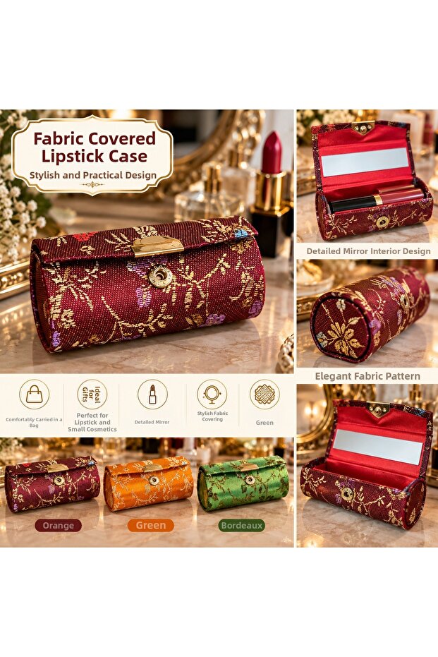 Mirrored Fabric Covered Lipstick Case – Patterned Portable Mini Makeup Box 9 cm
