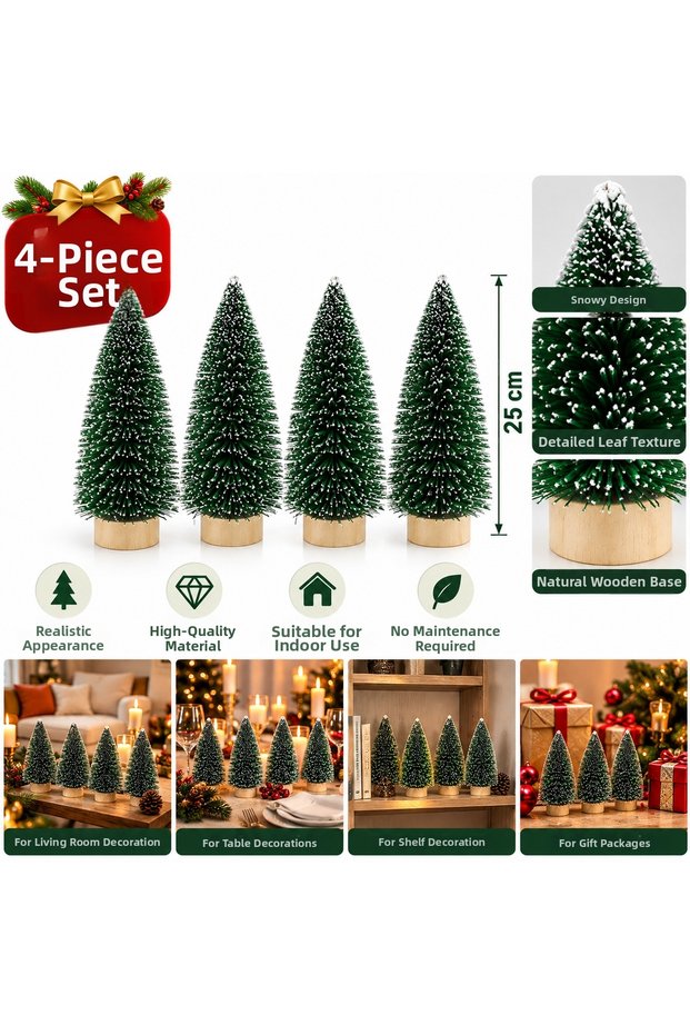 Set of 4 25 cm Snowy Decorative Pine Trees – Mini Christmas Tree, Table and Fireplace Ornament