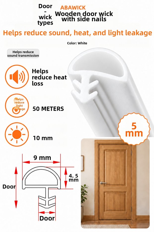 Wooden Door Weatherstrip White Sound, Heat, and Light Reduction Insulation Seal with Side Tabs 50 Meters