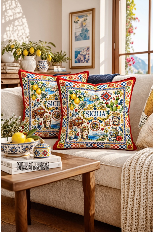 Digital Printed Throw Pillow Cover. Dolce Vita Sicilia Patterned Double-Sided Hidden Zipper Suede 43X43Cm Set of 2