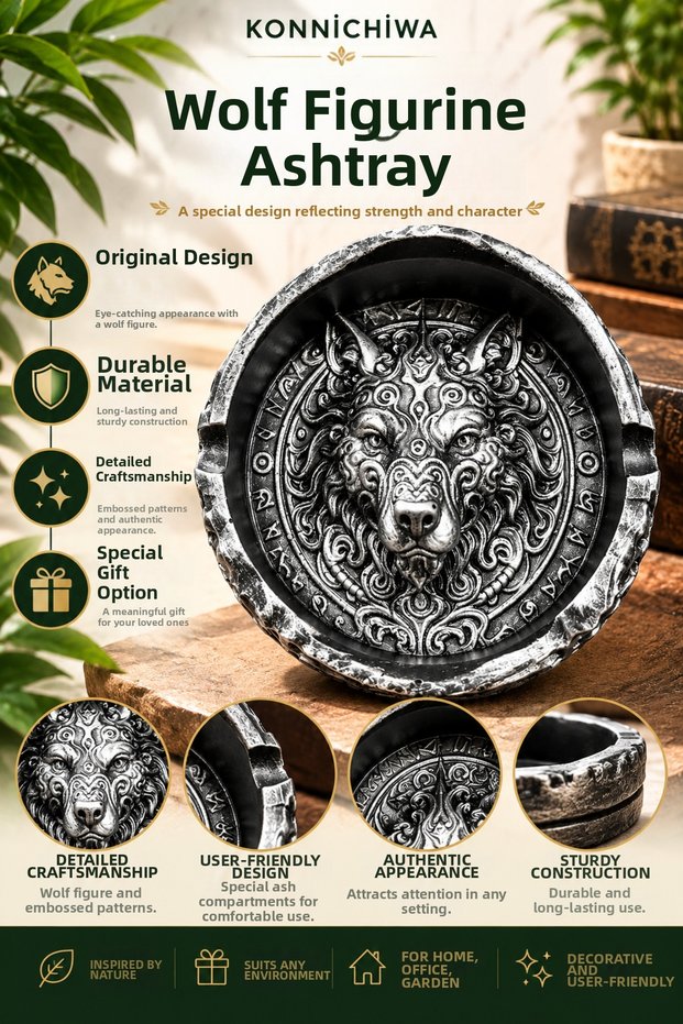 3D Embossed Ash Tray with Wolf Figure