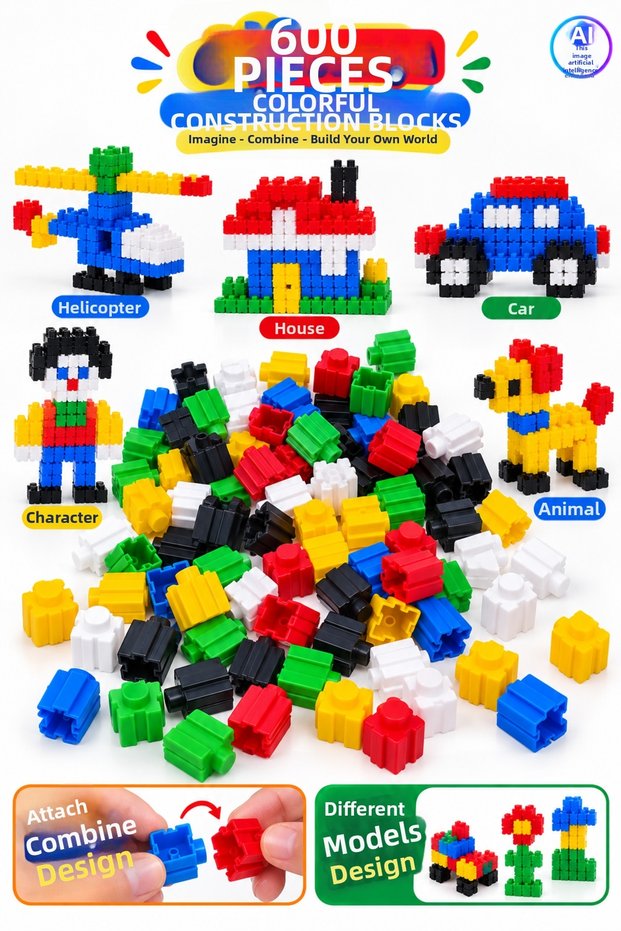 600 Pieces Colorful Building Blocks – Build and Design, Educational Creative Block Toy Set