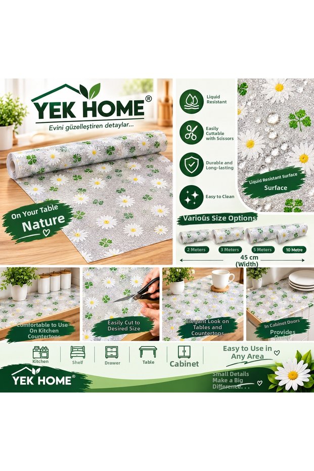 2-3-5-10 Meters X 45 cm Daisy Design Non-Slip Shelf Liner Roll Refrigerator Daisy Pattern Transparent Cabinet Drawer Shelf Cover