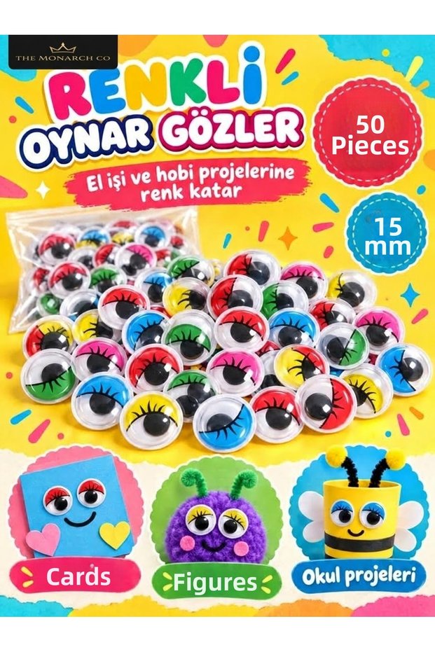 Colorful Eyelash-Moving Eye 15 mm 50 Pieces - Kindergarten Nursery Hobby and Craft Activity Material