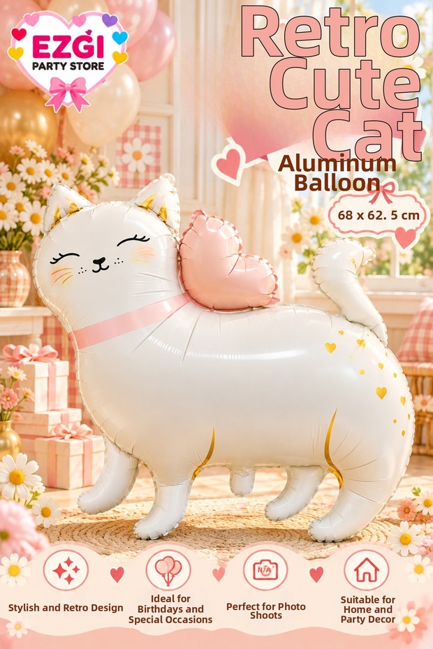 Retro Cat Foil Balloon 68 X 62.5 cm Cute Cat Birthday Party Celebration Decoration