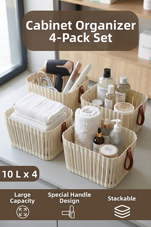 4-Piece Rectangular Bathroom and Kitchen Organizer with Leather Handles, Multi-Purpose Organizer Cream