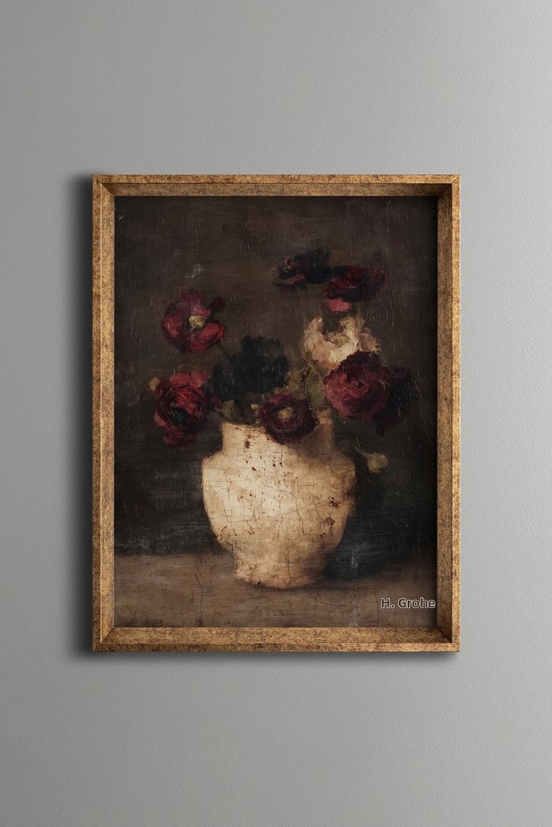 Burgundy and Cream Roses in a Ceramic Vase - Vintage Patterned Painting - Fine Model