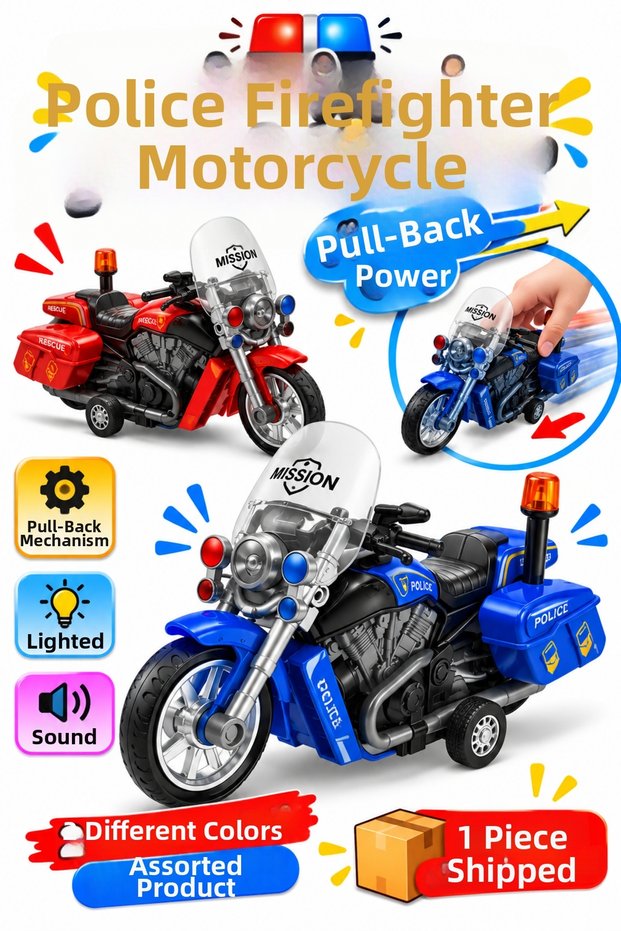Toy Police Motorcycle – Friction Toy Motor with Lights and Sounds, Police Fire Department Motorcycle 16 cm