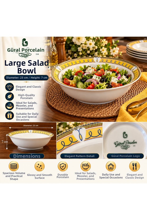 Güral Porcelain Large Salad Bowl – Yellow Patterned – 23 cm