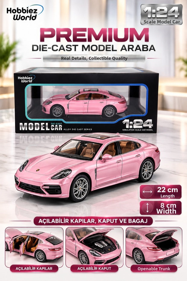 Porsche Panamera 1:24 Scale Metal Model Car 22 cm Openable Door Hood and Trunk Pink