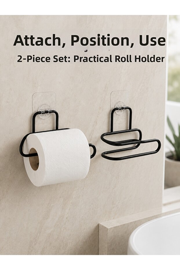 2-Piece Wall Adhesive Toilet Paper Holder Black Metal Practical Roll Holder -