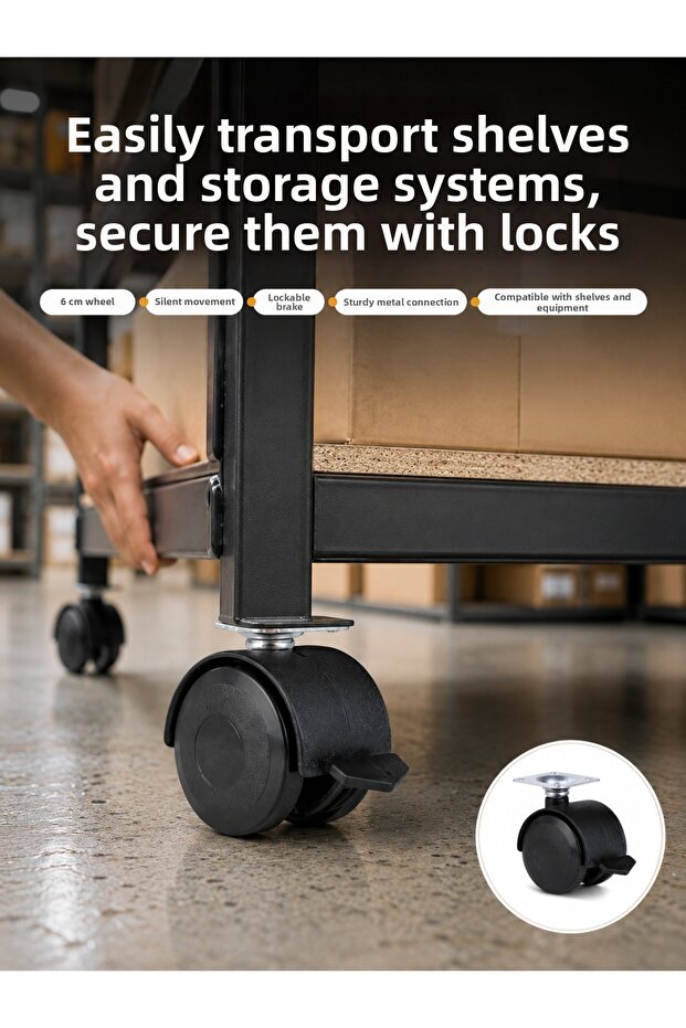 6 cm Lockable Wheel Feet, 4 Pieces, Compatible with Coffee Tables and Equipment -