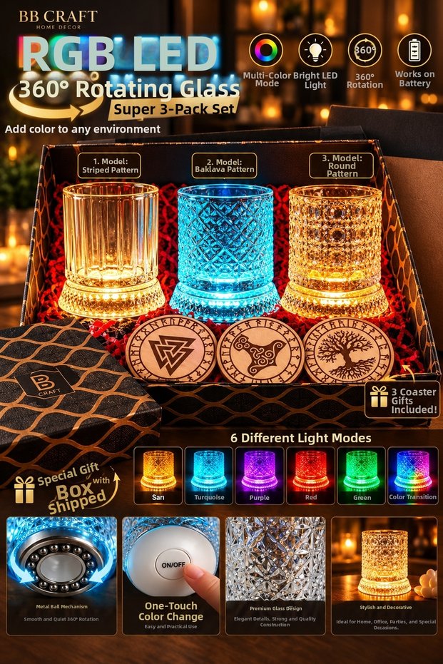 360 with Rgb Leds ° Rotating Coasters Super 3-Piece Set – 3 Different Patterned Rotating Coasters + 3 Coaster Pads