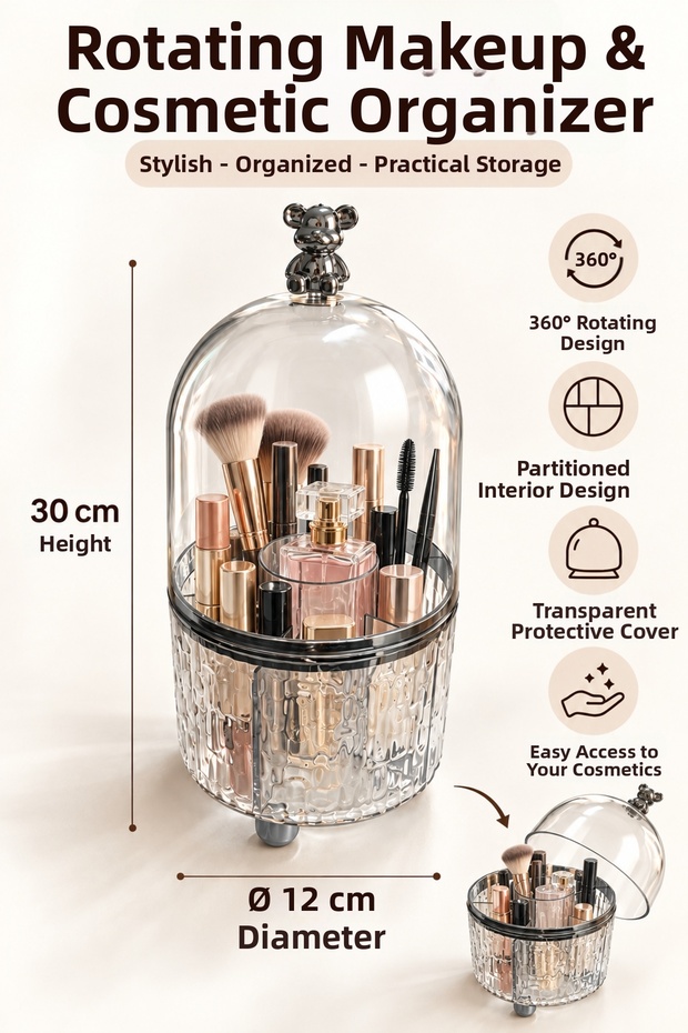 Rotating Makeup & Cosmetic Organizer – Divided Organizer with Transparent Lid 30 cm