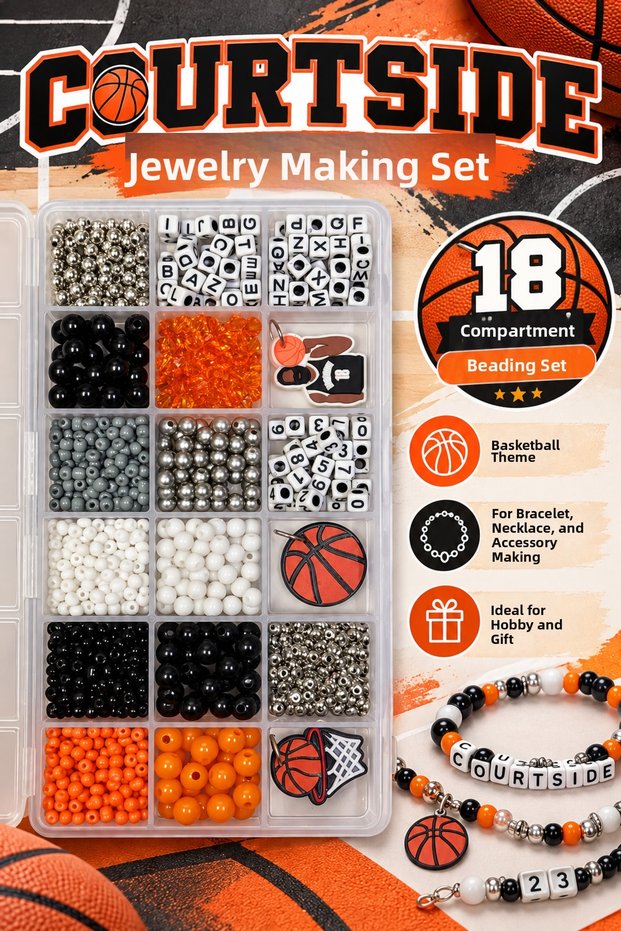 Courtside 18-Compartment Basketball-Themed Jewelry Making Set – Letter, Number, and Figure Beads Bracelet Necklace Design Kit 🏀 🖤 🧡