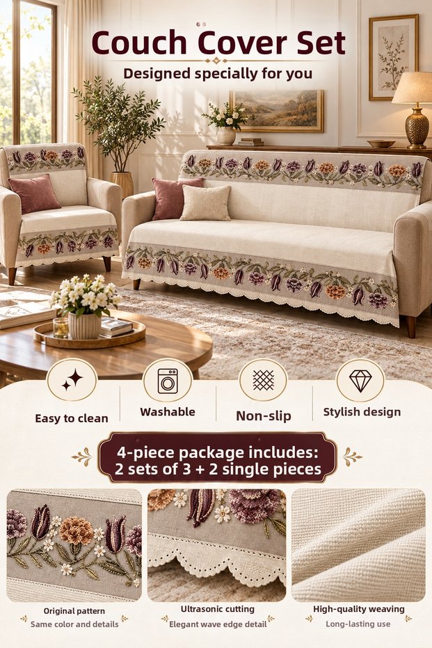 Multi-Purpose Modern Bohemian Velvet Sofa Cover, Sofa Bed Cover Set with Non-Slip Foam 3,3,1,1