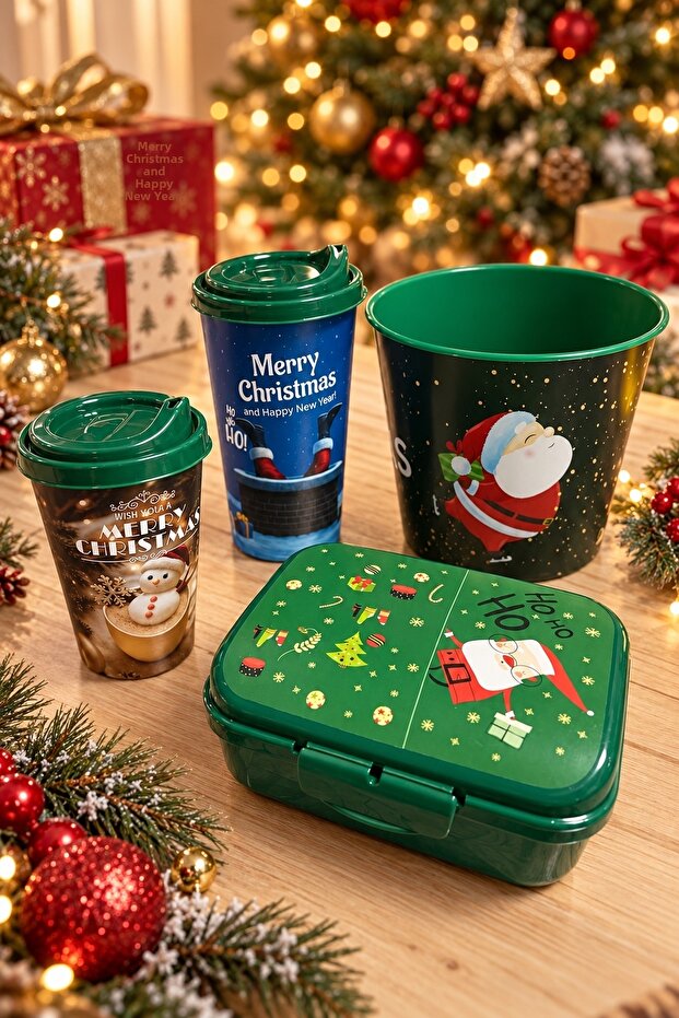 New Year's Themed 4-Piece Popcorn and Cup Set Popcorn, Chips and Snack Bowl & 1 Corn Bucket + 1 Cup 650 ml + 1 Cup 400 ml + 1 Nutrition Container 1000 ml
