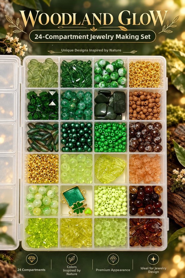 Woodland Glow 24 Compartment Jewelry Making Kit – Forest Tones, Crystal and Mixed Beads Necklace Bracelet Design Kit 🌿 ✨ 💚