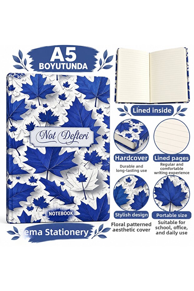 A5 Lined Notebook Hard Cover Patterned Journal Notebook Leaf Pattern