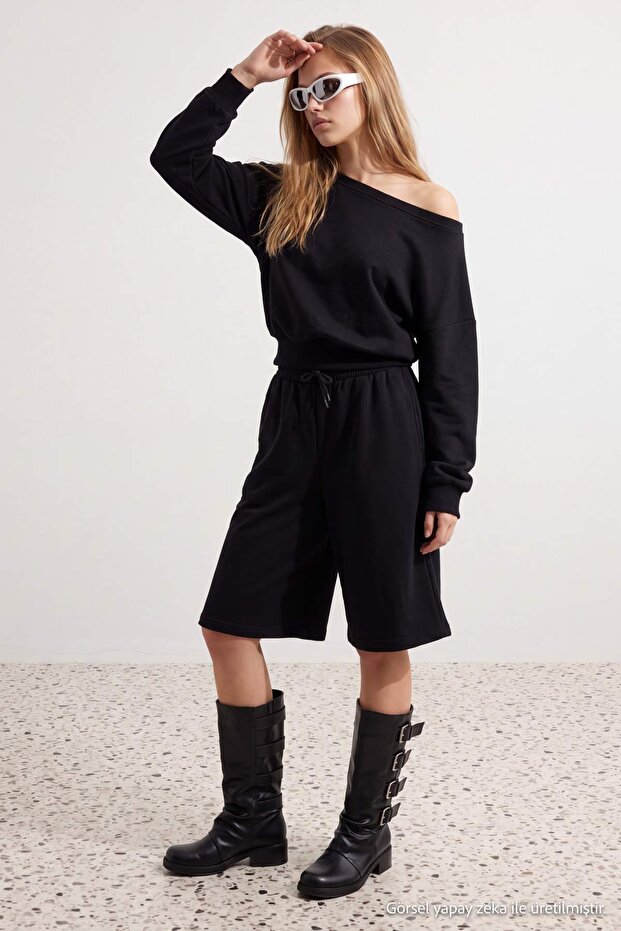 Black Relaxed/Casual Fit Asymmetric Collar Bermuda Stretch Knitted Bottom - Top Set Twoaw27Au00156