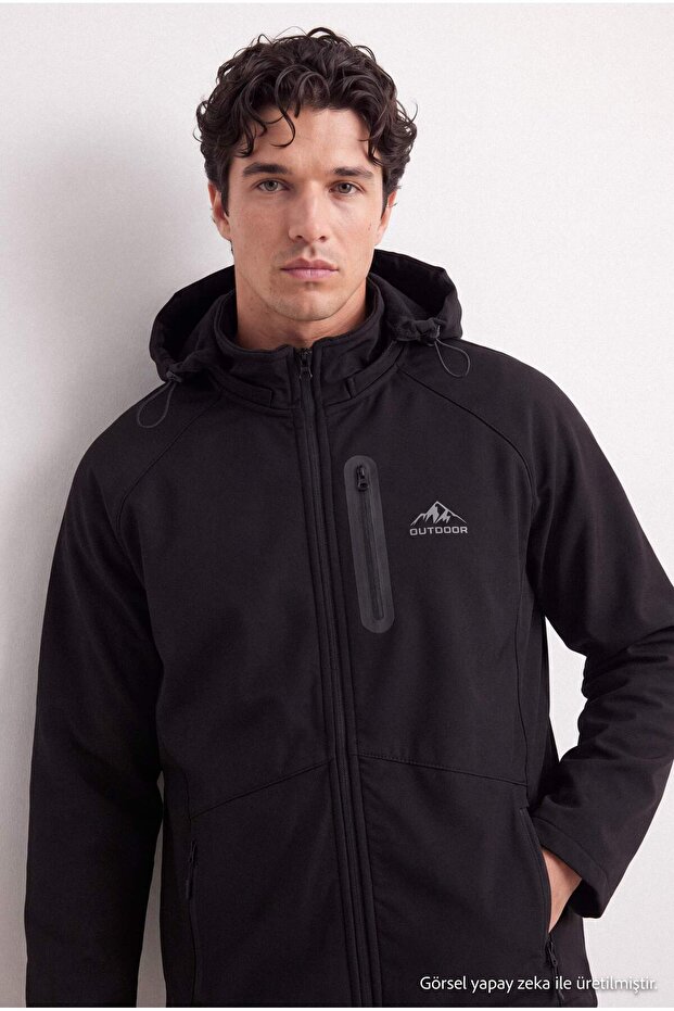 Black Water Repellent Hooded Fleece-Lined Regular Fit Men's Coat Tmnaw27Mo00004