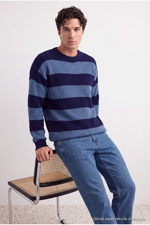 Indigo-Navy Oversize Crew Neck Striped Sweater Tmnaw23Kz00106