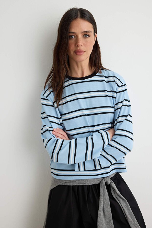 Açık Mavi Çizgili Regular/Normal Kalıp Pamuklu Örme T-Shirt TWOAW27TS00135