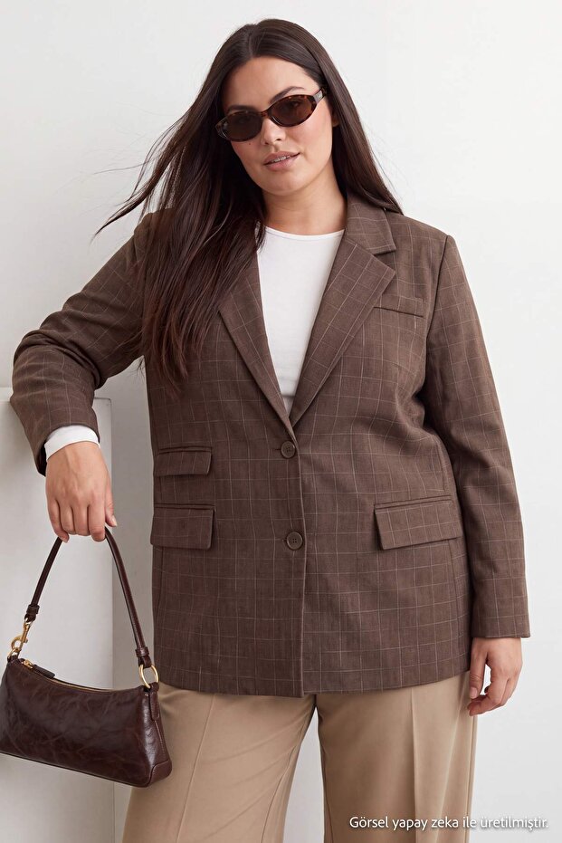 Özel Koleksiyon Vizon Cep Detaylı Ekoseli Oversize Blazer Ceket TBBAW27AG00009/