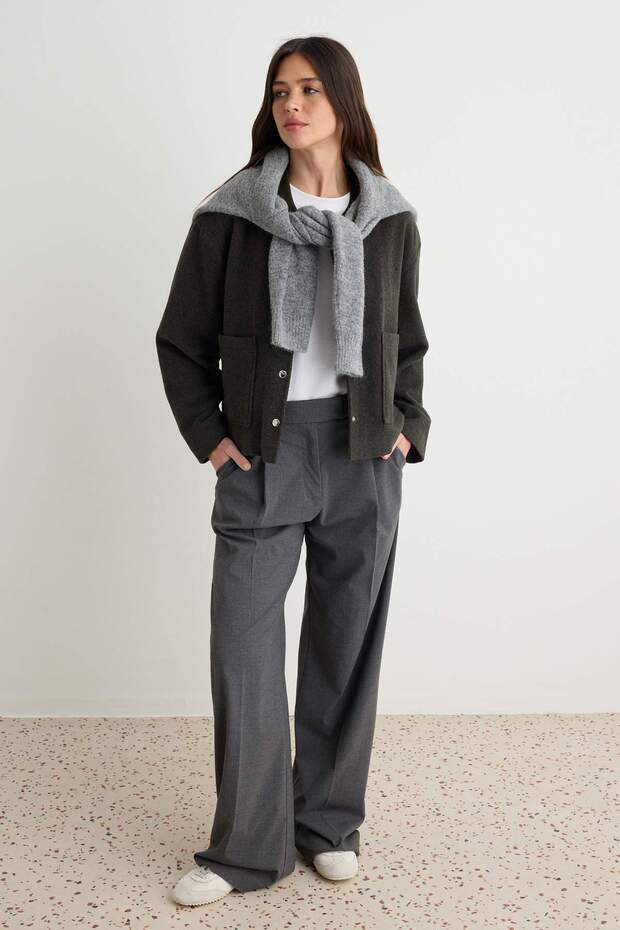 Haki Kaşe Cep Detaylı Dokuma Oversize Ceket TWOAW26CE00078