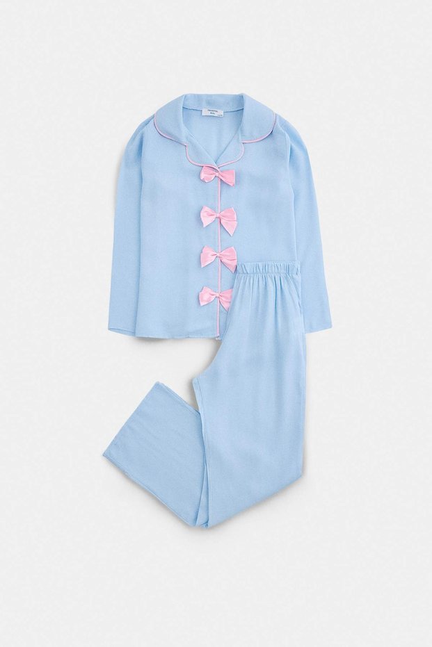 Mavi Kız Çocuk Kurdele/Fiyonk ve Biye Detaylı Viskon Dokuma Anne-Kız Pijama Takımı TKDAW27PT00053