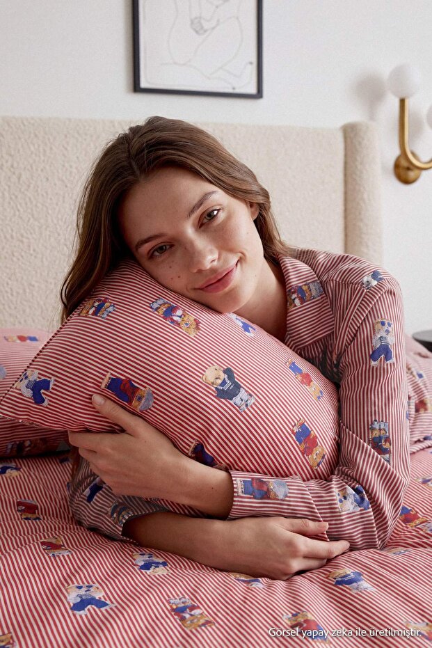 Çok Renkli %100 Pamuklu Ayıcık ve Çizgi Desenli Gömlek Yaka Örme Pijama Takımı THMAW26PT00171