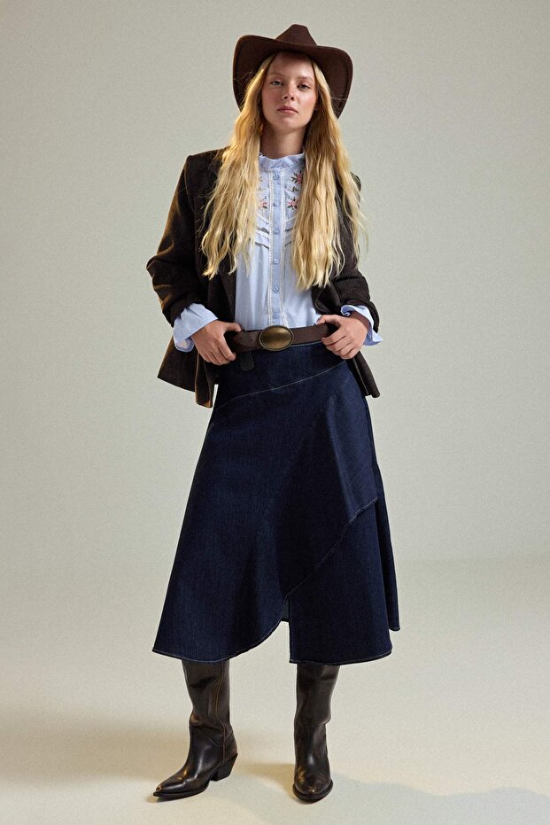 Dark Blue Layered Midi Denim Skirt Twoaw27Et00006
