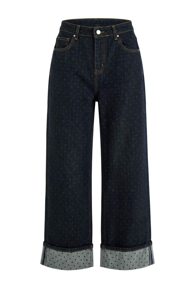 Dark Blue Polka Dot Folded Hem Regular Waist Wide Leg Jeans Twoaw27Je00022