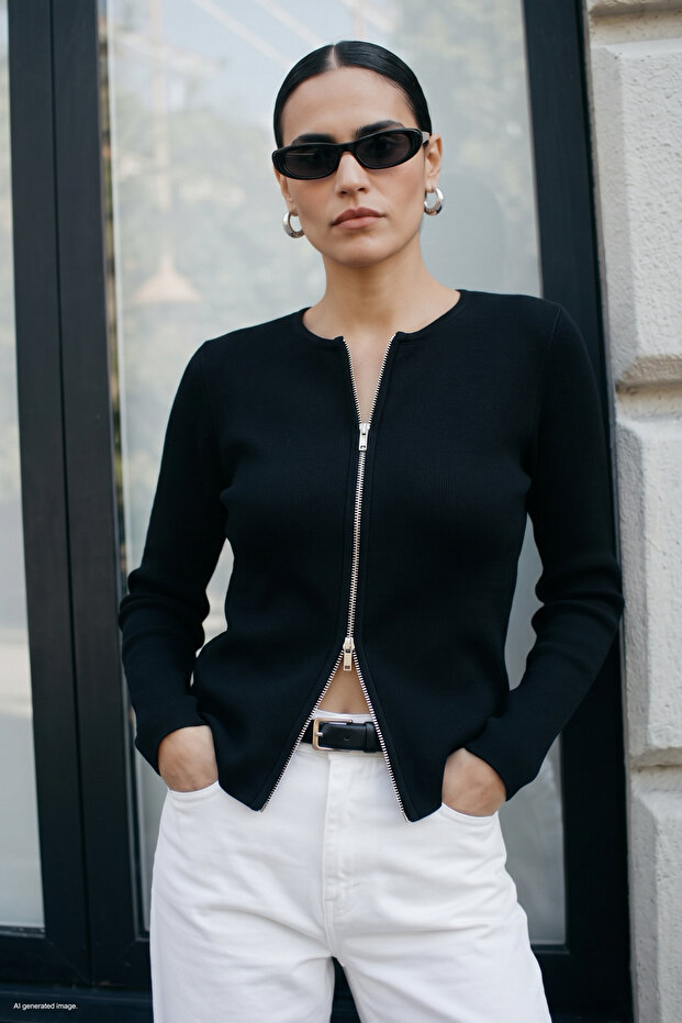 Cardigan with Zipper Detail on Sleeves - Black