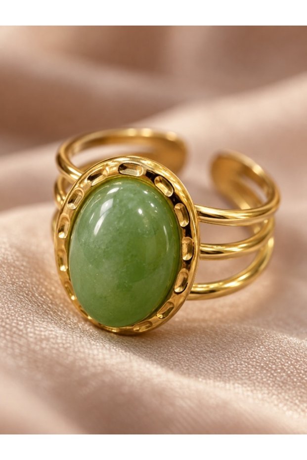 Green Stone Oval Ring Gold Color Adjustable Women's Ring