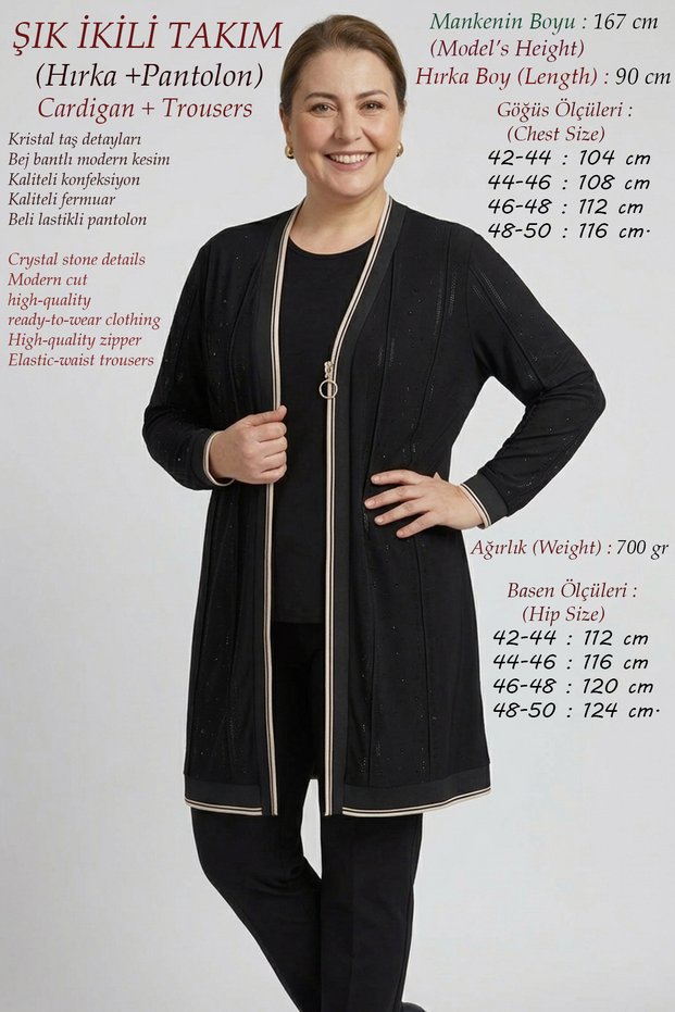 Plus Size Seasonal Women's Double Mommy Set - Stone-Studded Cardigan and Elastic Pants - Zippered High-Quality Oysho Fabric Black Hijab Modest