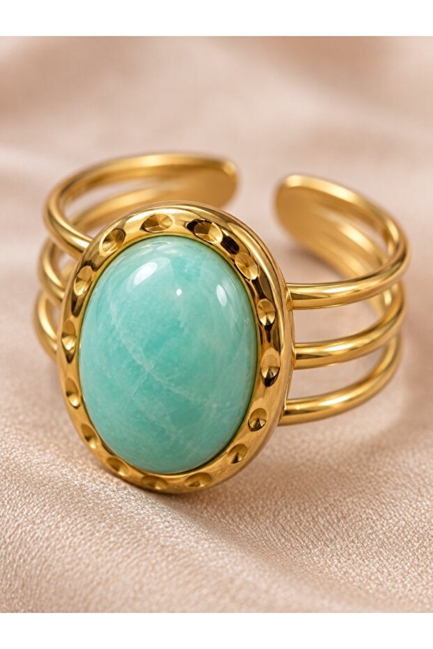 Turquoise Stone Oval Ring Gold Color Adjustable Women's Ring