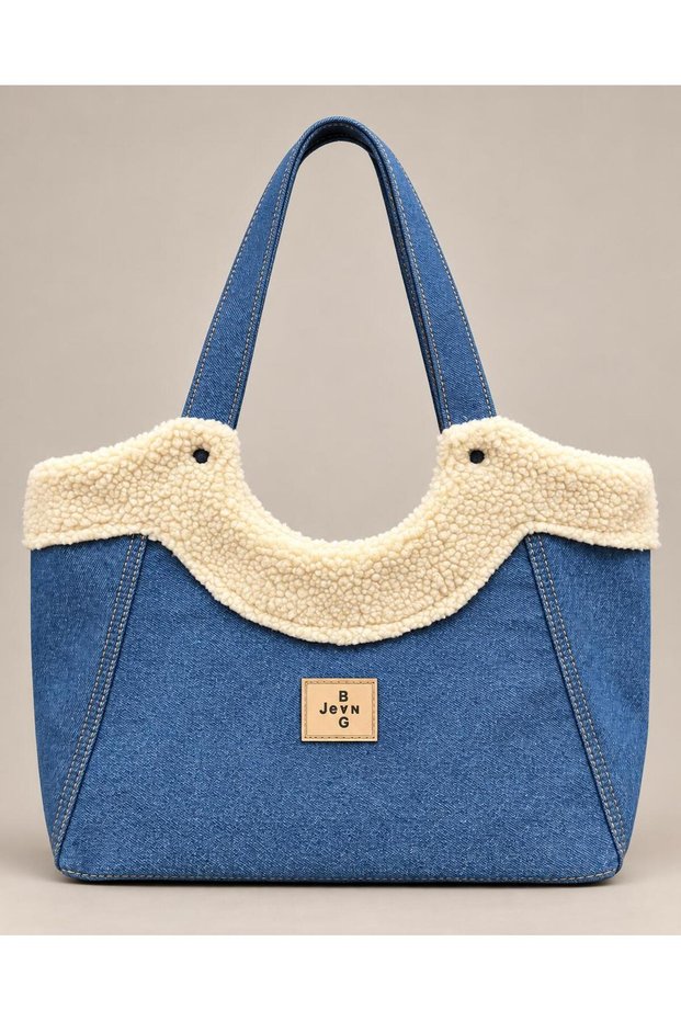 Denim Plush Detailed Shopper Bag