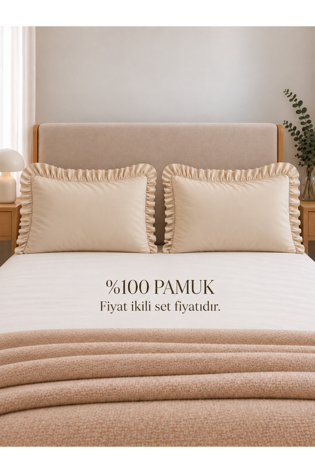Coton 2 Pieces Cotton Beige Ruffle Pillowcase