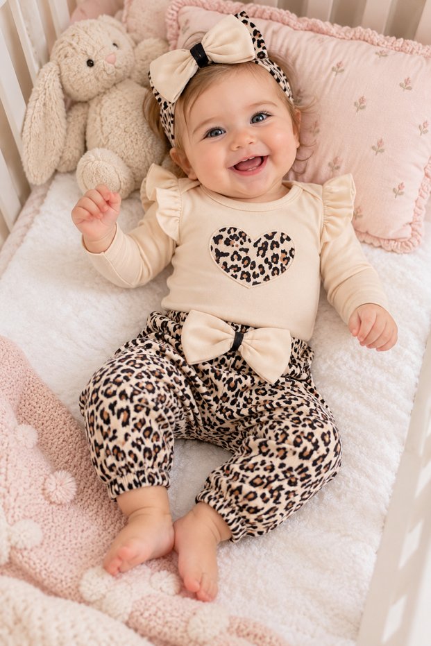 3-Piece Baby Girl Set with Leopard Bandana and Badge