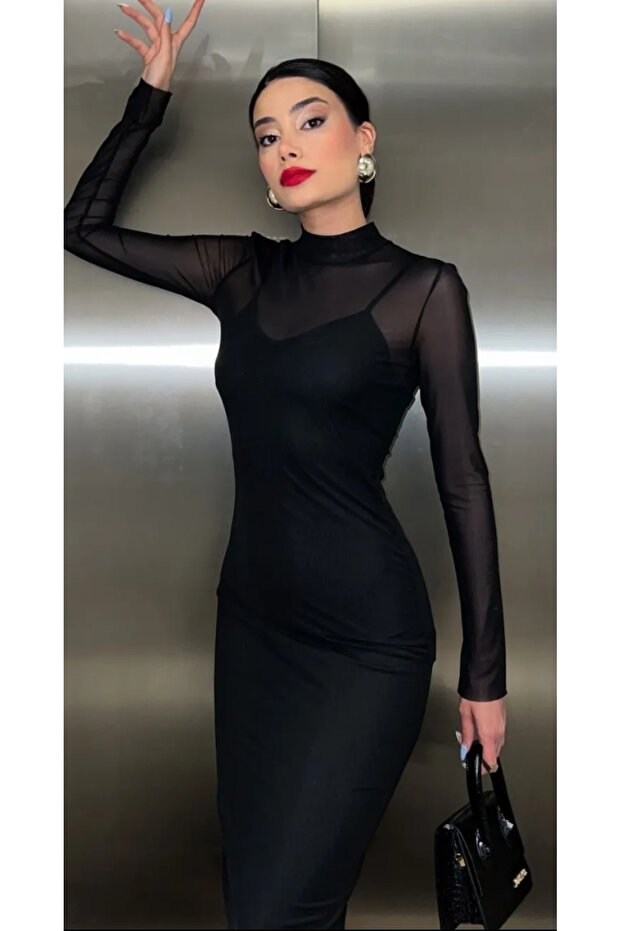 Women's Black Lined Half Turtleneck Long Sleeve Tulle Evening Dress