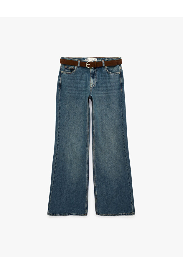 Regular Waist Spanish Flare Denim Trousers with Belted Pockets - Flare Jeans