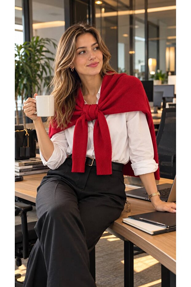Red Soft Textured Knitwear Tied Sweater Shawl 50X65 cm